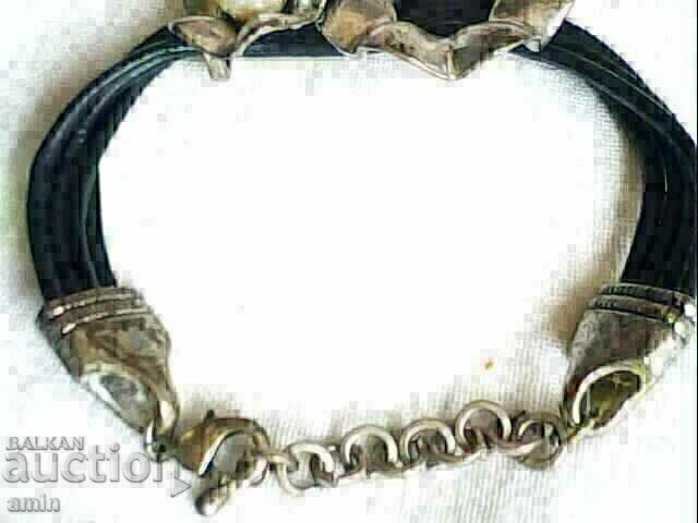Auction  old leather bracelet silver plated and artificial pearl