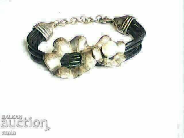 old leather bracelet silver plated and artificial pearl