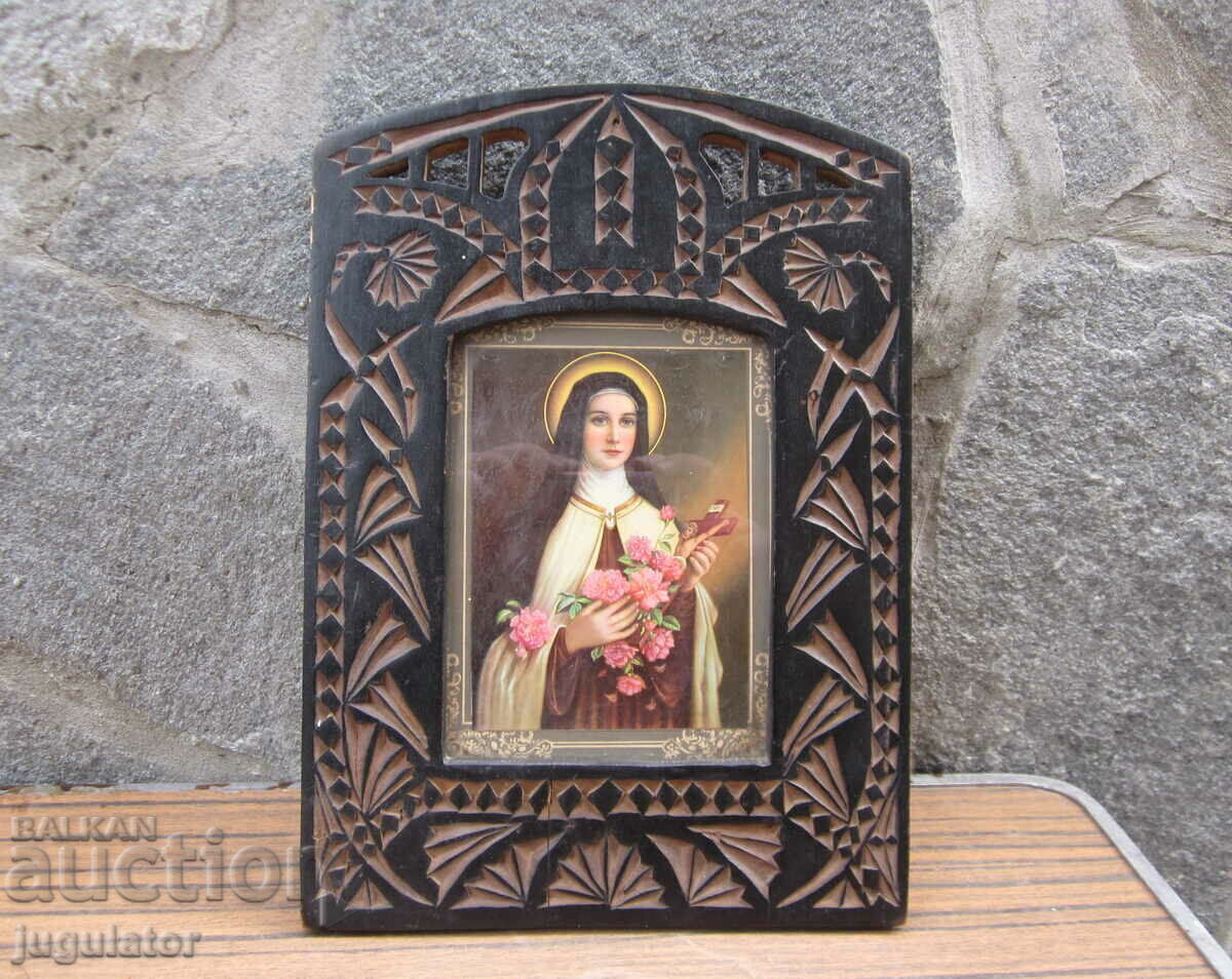 Kingdom of Bulgaria domestic icon of the Virgin Mary in a wood carving frame with price 160.00 BGN | € 81.81