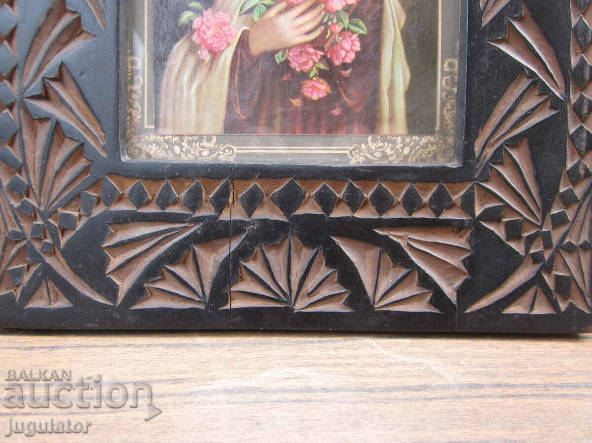 Kingdom of Bulgaria domestic icon of the Virgin Mary in a wood carving frame - 5