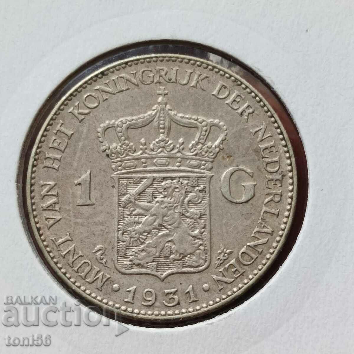Нидерландия 1 гулден 1931  aUNC сребро