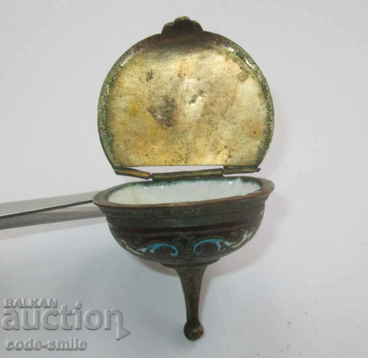 Old antique small bronze vessel decorated with cellular enamel