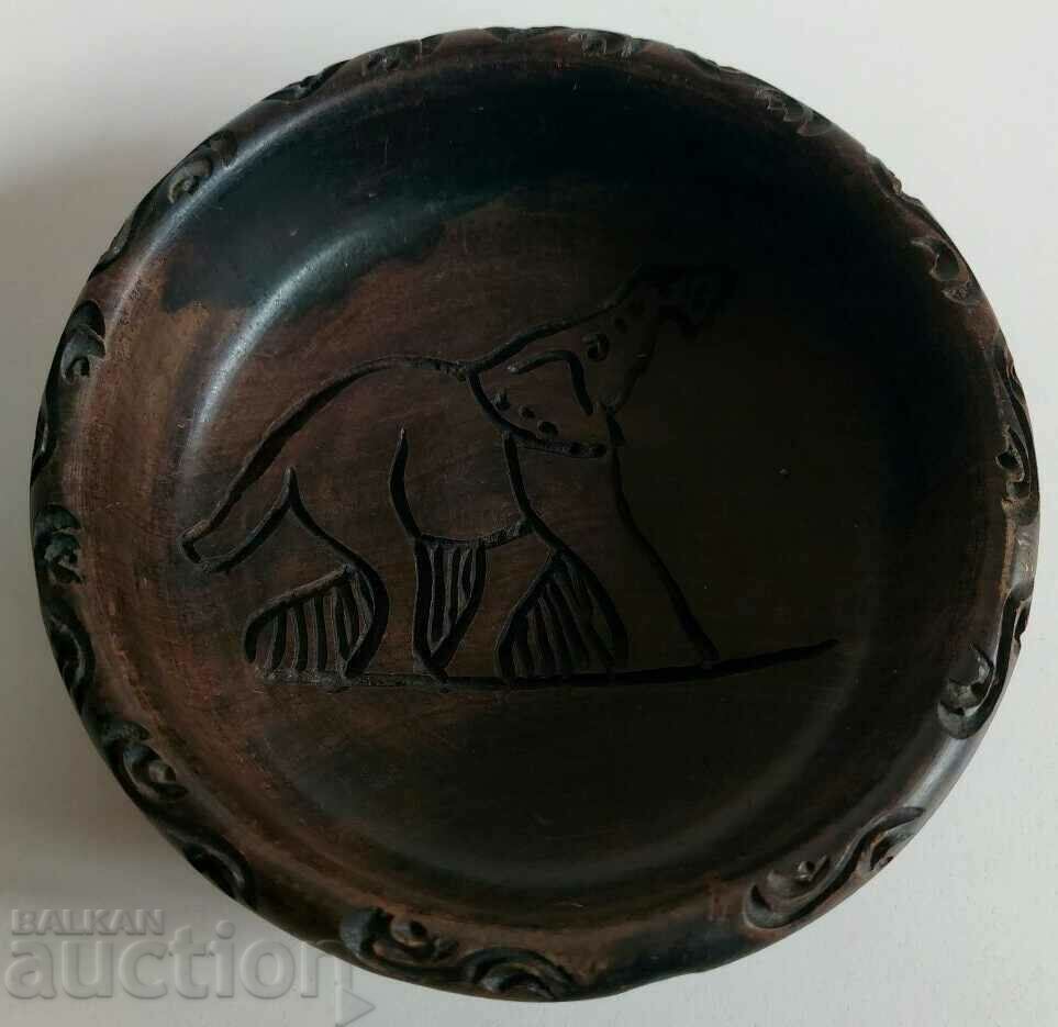 WOODEN CARVED BOWL PLATE WITH AFRICAN MOTIFS