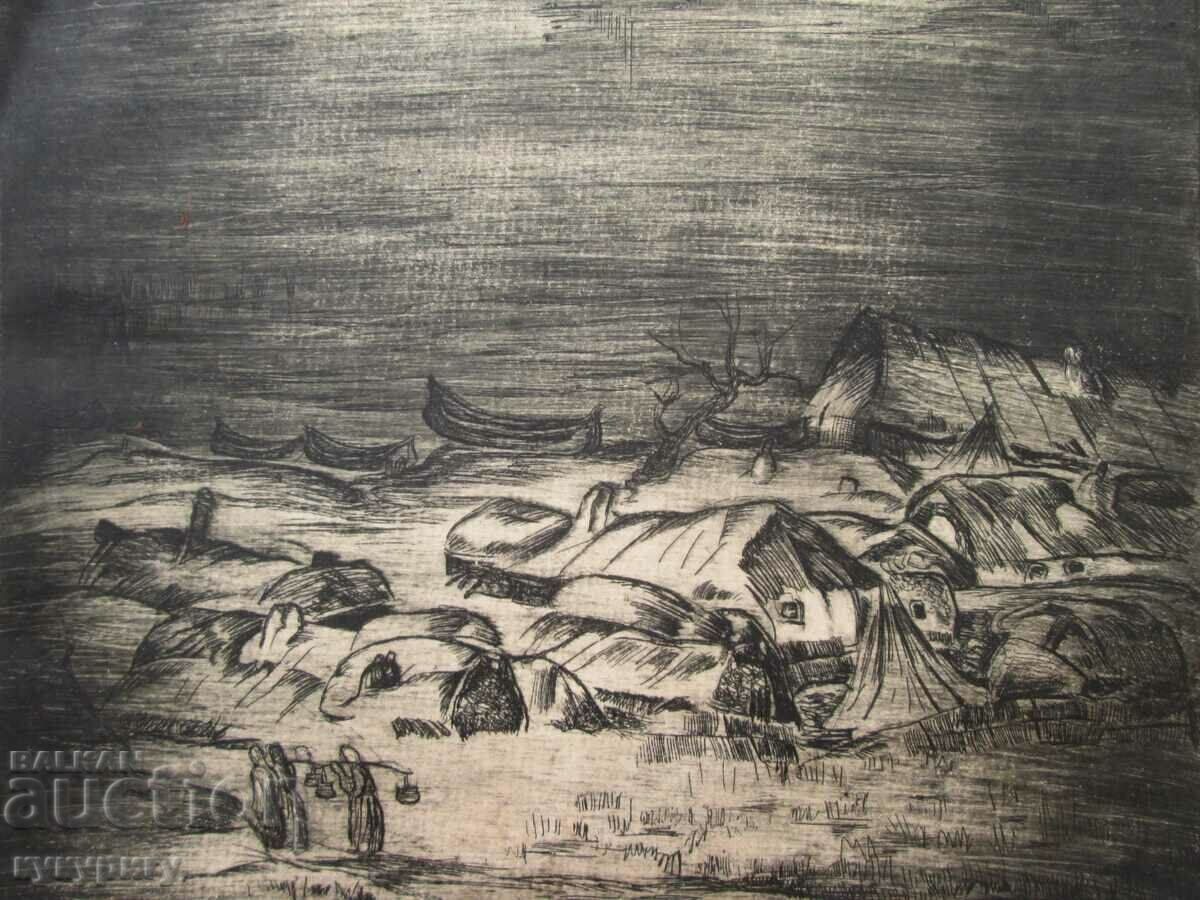 Стара картина приложна живопис "Рибарско селище" неподписана