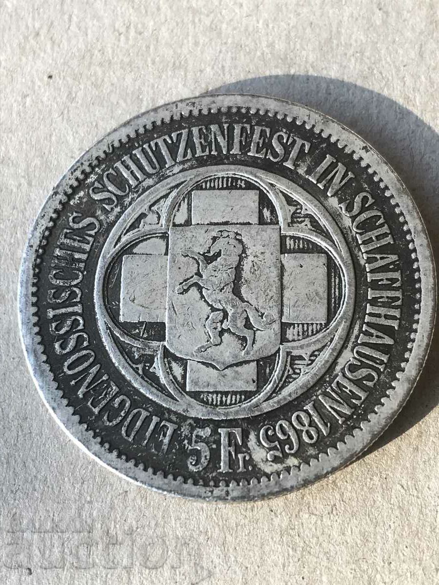 Elveția 5 franci 1865 Festivalul de tir de la Schaffhausen Argint