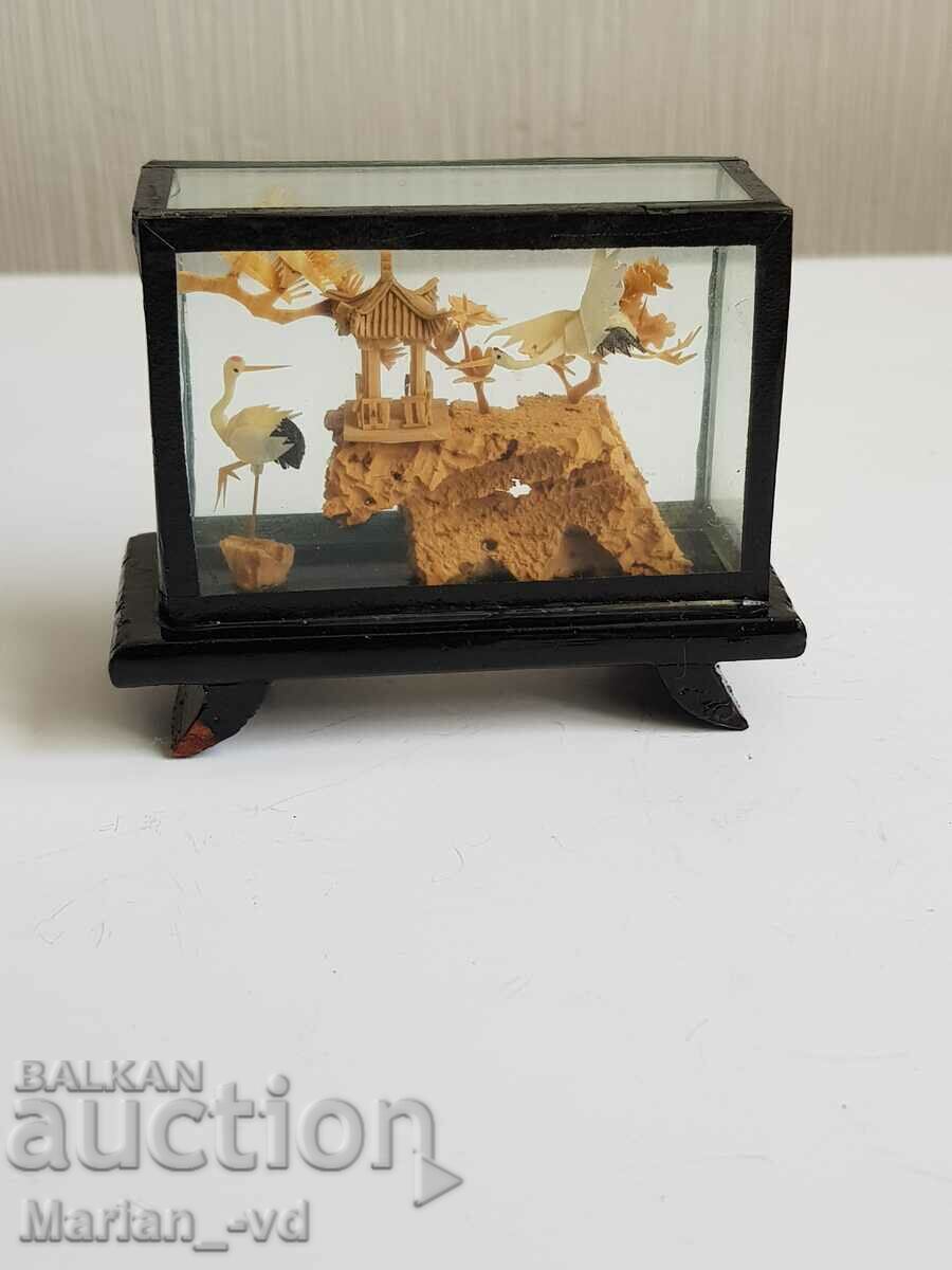 Old Chinese cork miniature with glass frame