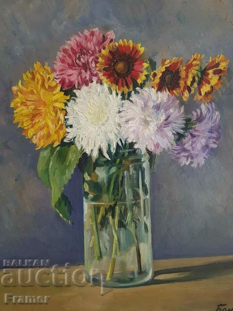 Auction  Bonev Still life Chrysanthemums a beautiful painting from the 1930s