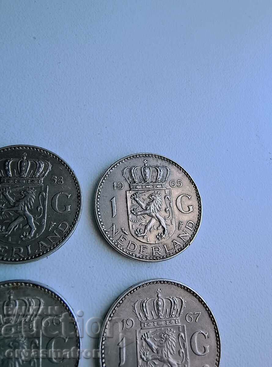 Auction 4 pcs Silver Coins 1 Gulden 1958 1965 1966 1967 Auction 4 pcs Silver Coins 1 Gulden 1958 1965 1966 1967