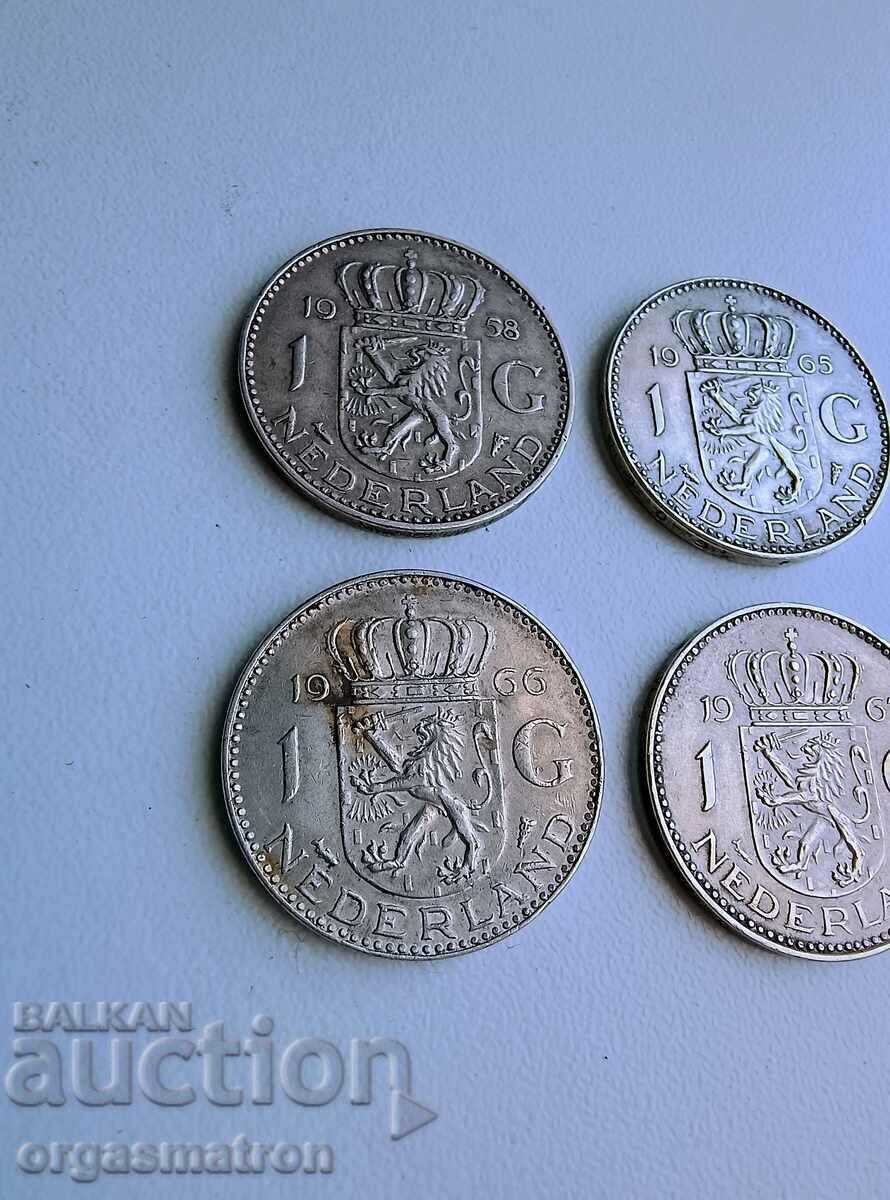 Delivery of 4 pcs Silver Coins 1 Gulden 1958 1965 1966 1967 Delivery of 4 pcs Silver Coins 1 Gulden 1958 1965 1966 1967