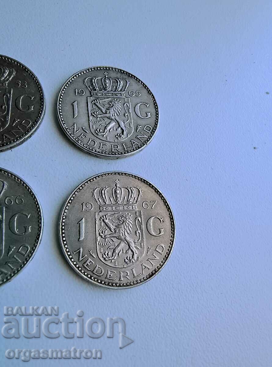 4 pcs Silver Coins 1 Gulden 1958 1965 1966 1967 - 5 4 pcs Silver Coins 1 Gulden 1958 1965 1966 1967 - 5