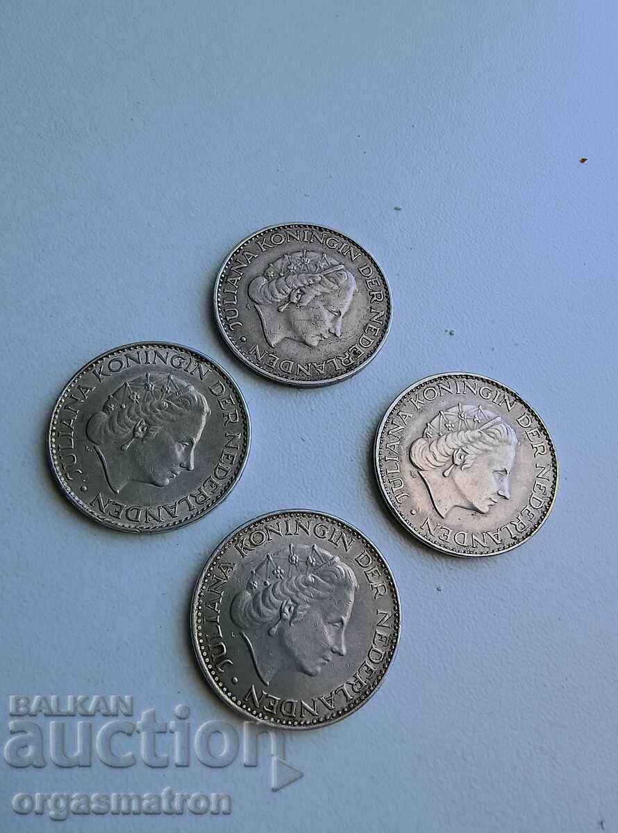 4 pcs Silver Coins 1 Gulden 1958 1965 1966 1967 - 6 4 pcs Silver Coins 1 Gulden 1958 1965 1966 1967 - 6