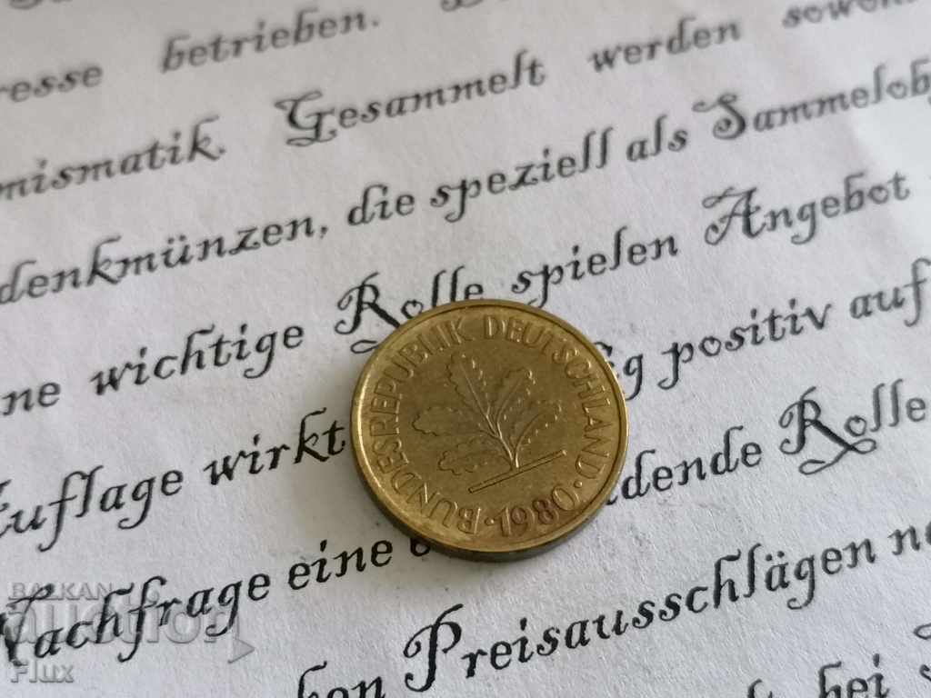 Monedă - Germania - 5 Pfennig | 1980; seria F cu preț 0.85 BGN | € 0.43 Monedă - Germania - 5 Pfennig | 1980; seria F cu preț 0.85 BGN | € 0.43