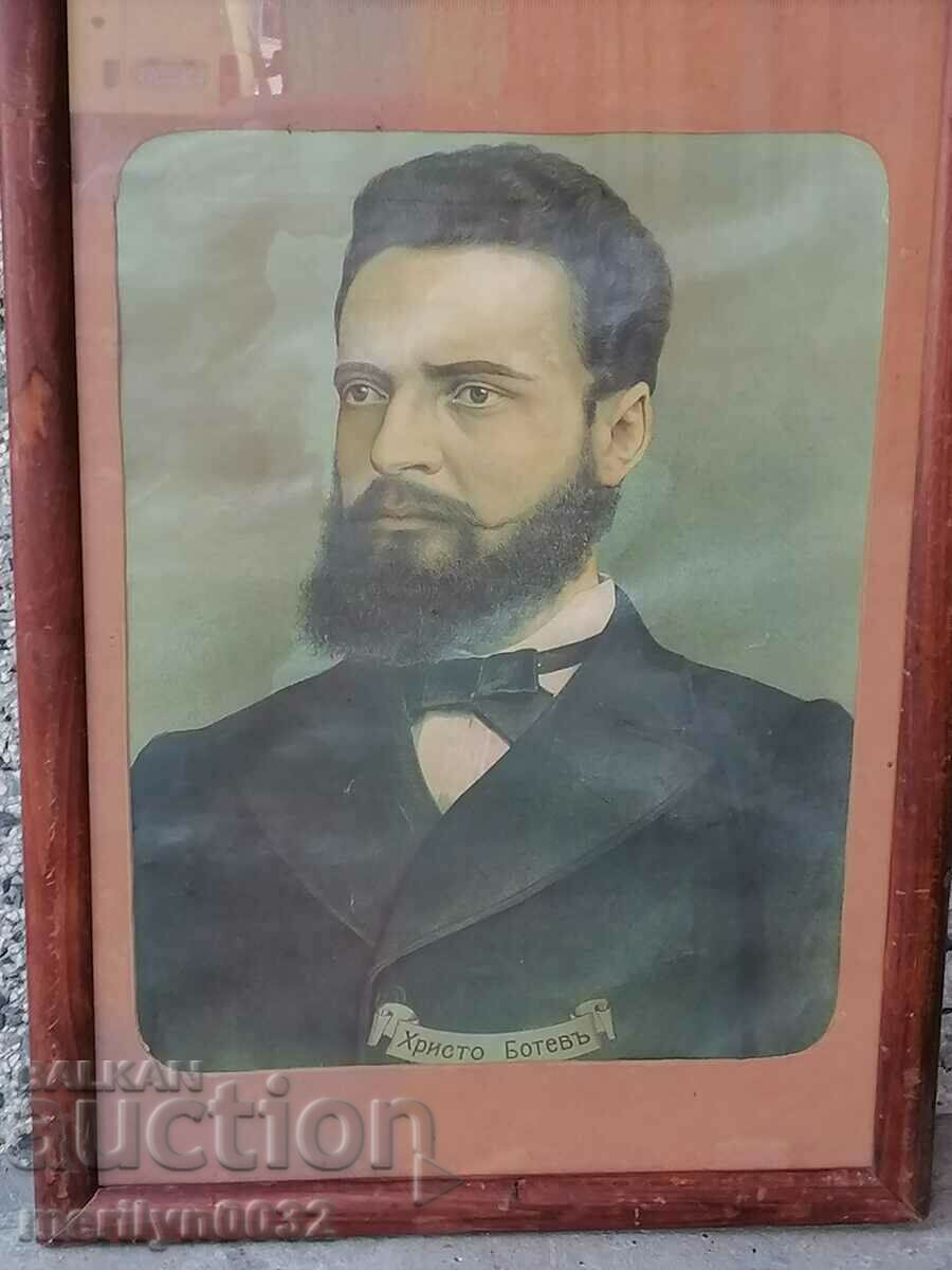 Παλιό πορτρέτο του Hristo Botev λιθογραφία 52/37cm με την κορνίζα