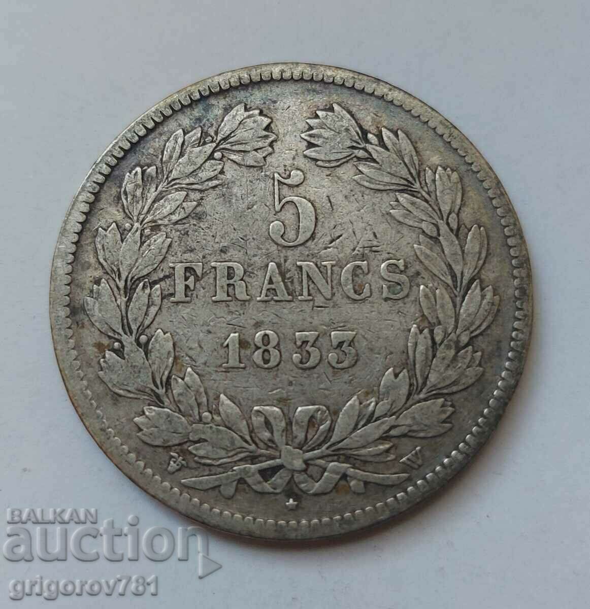 5 Φράγκα Ασήμι Γαλλία 1833 W - Ασημένιο νόμισμα #218