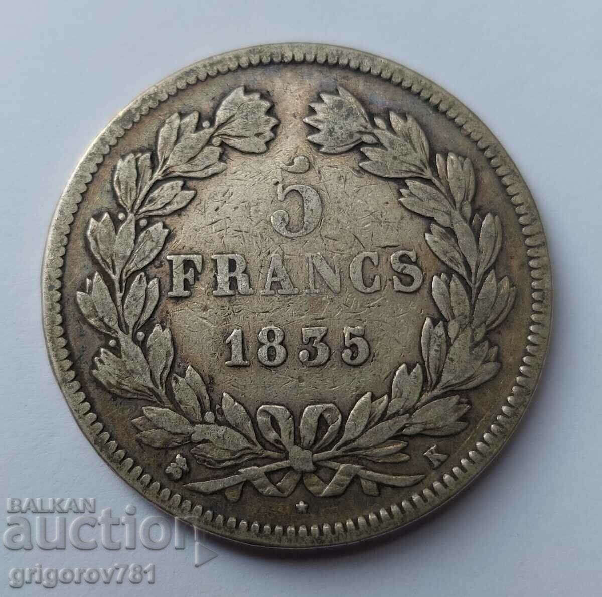 5 Francs Silver France 1835K - Silver Coin #162