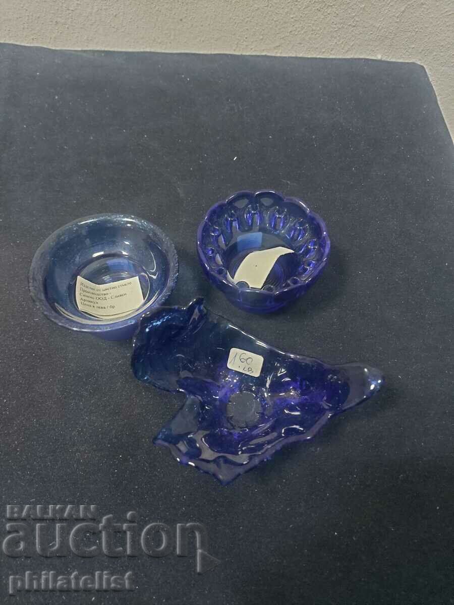 3 sfeșnice - sticlă albastră