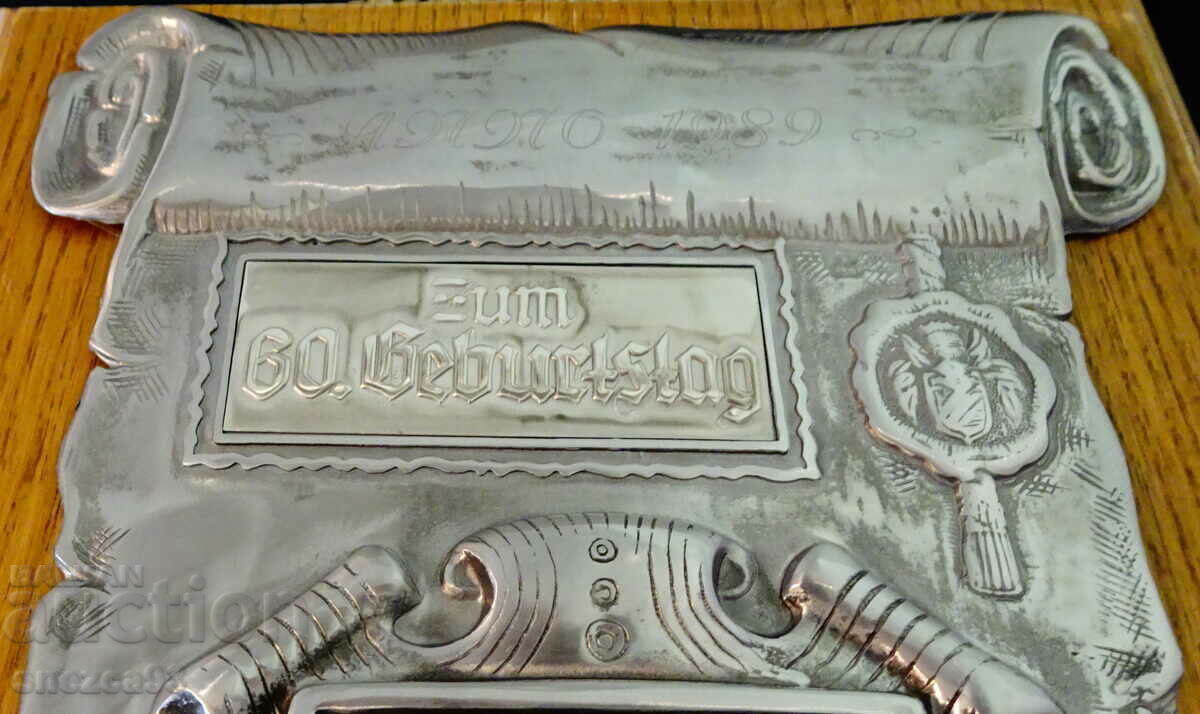 Auction Pewter panel, natural wood, for a birthday Auction Pewter panel, natural wood, for a birthday