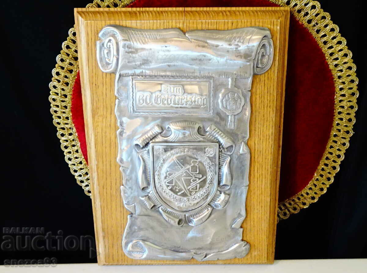 Pewter panel, natural wood, for a birthday Pewter panel, natural wood, for a birthday