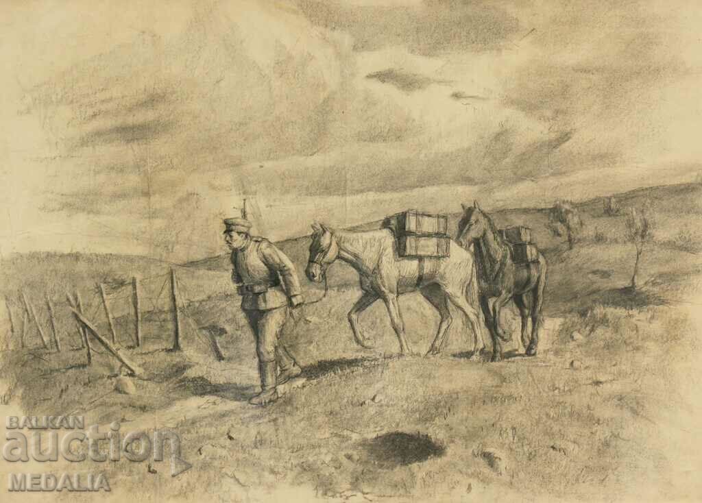 Boris Denev-"Delivery to the front"-drawing-framed
