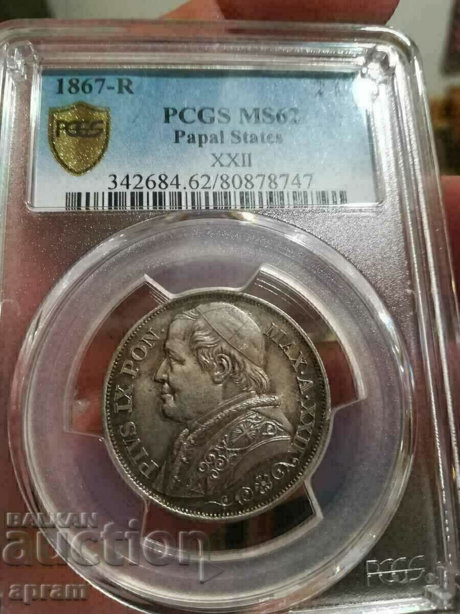 Licitație 2 lire 1867. Vatican,Vatican,Papal State.Stati Pontifici.