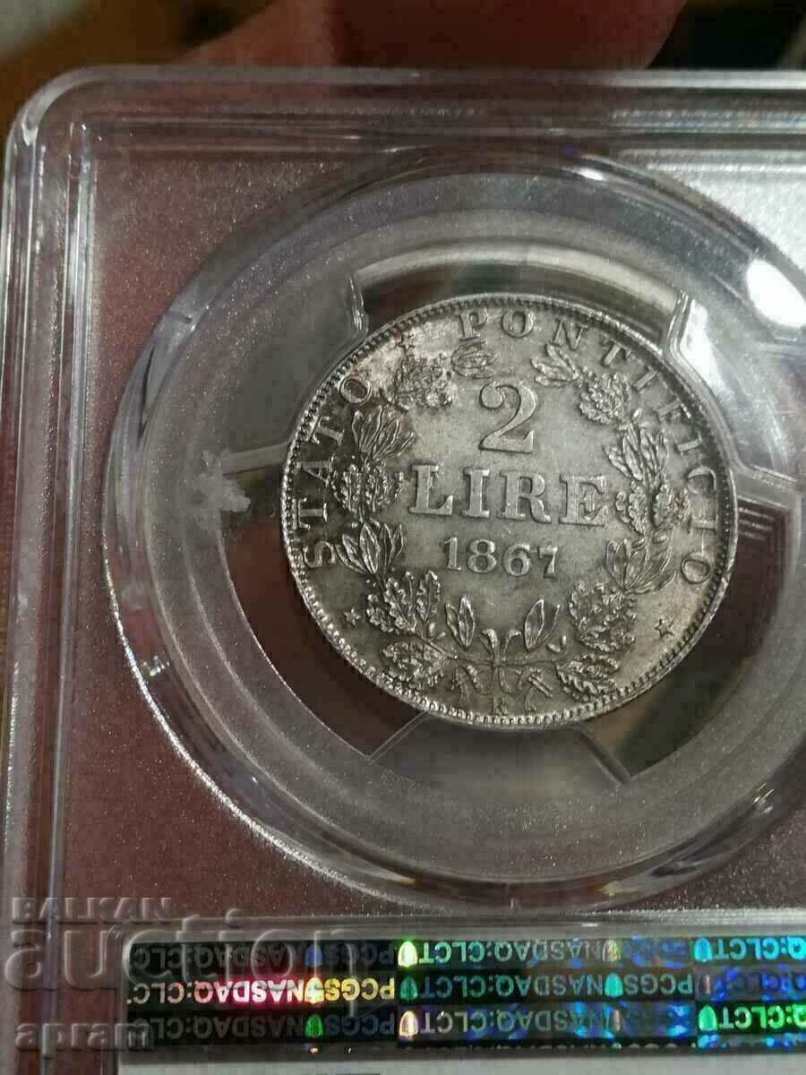 Delivery of 2 lira 1867. Vatican,Vatican,Papal State.Stati Pontifici.