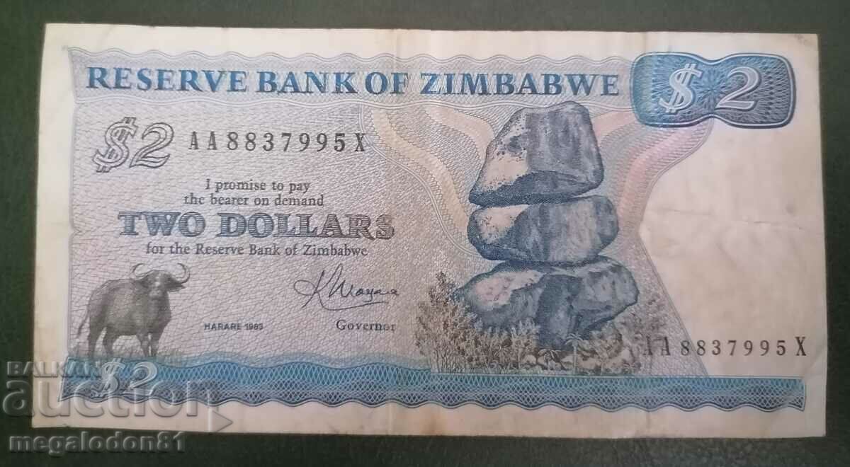 Zimbabwe - 2 dollars, 1983, used banknote