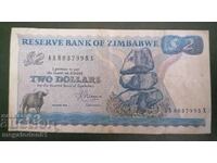 Zimbabwe - 2 dolari, 1983, bancnota folosita