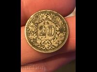 Швейцария 20 рапен 1851 BB Страсбург сребро