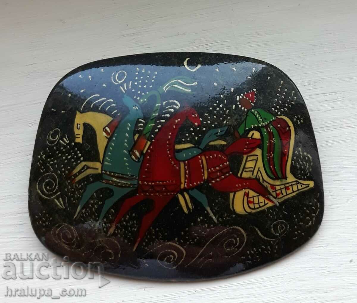 Russian Palekh brooch on stone lacquer finish