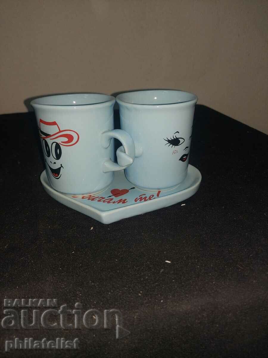 Set - saucer with 2 cups - blue with price 10.00 BGN | € 5.11 Set - saucer with 2 cups - blue with price 10.00 BGN | € 5.11