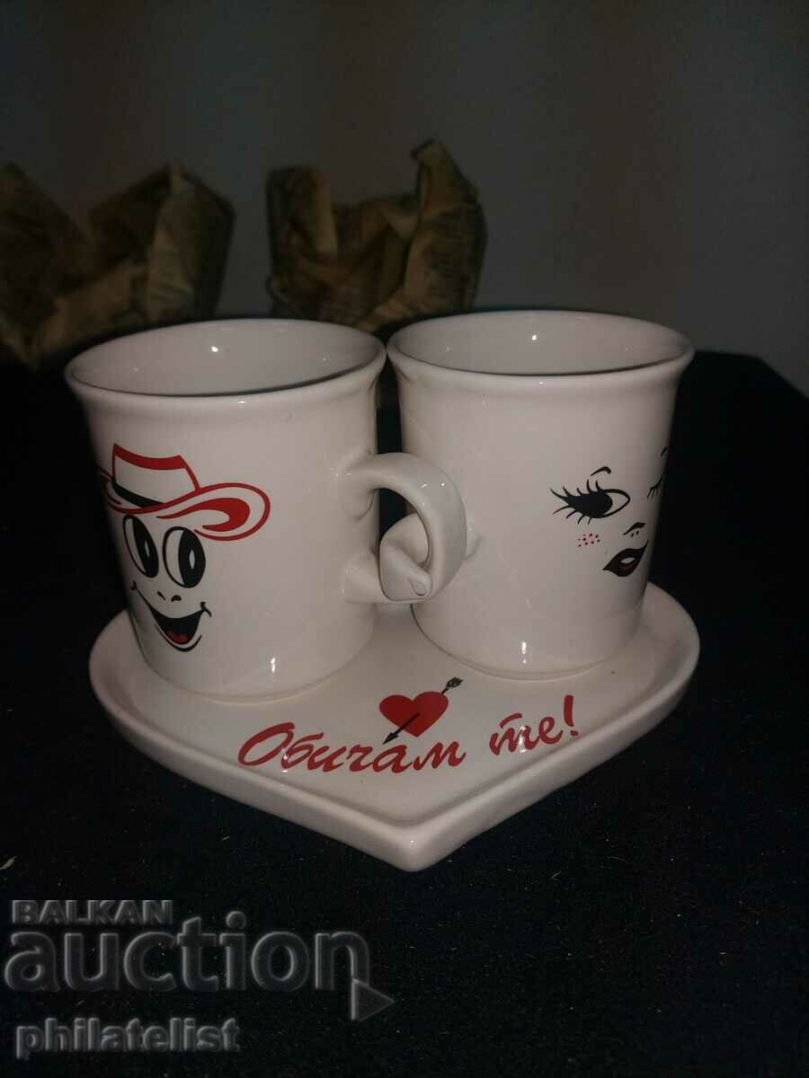 Set - saucer with 2 cups - new with price 10.00 BGN | € 5.11 Set - saucer with 2 cups - new with price 10.00 BGN | € 5.11