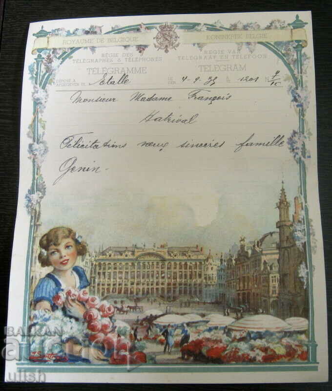 1939 Regatul Belgiei decor artă telegramă