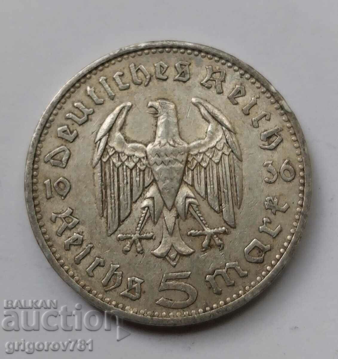 5 марки сребро Германия 1936 A III Райх  сребърна монета №39