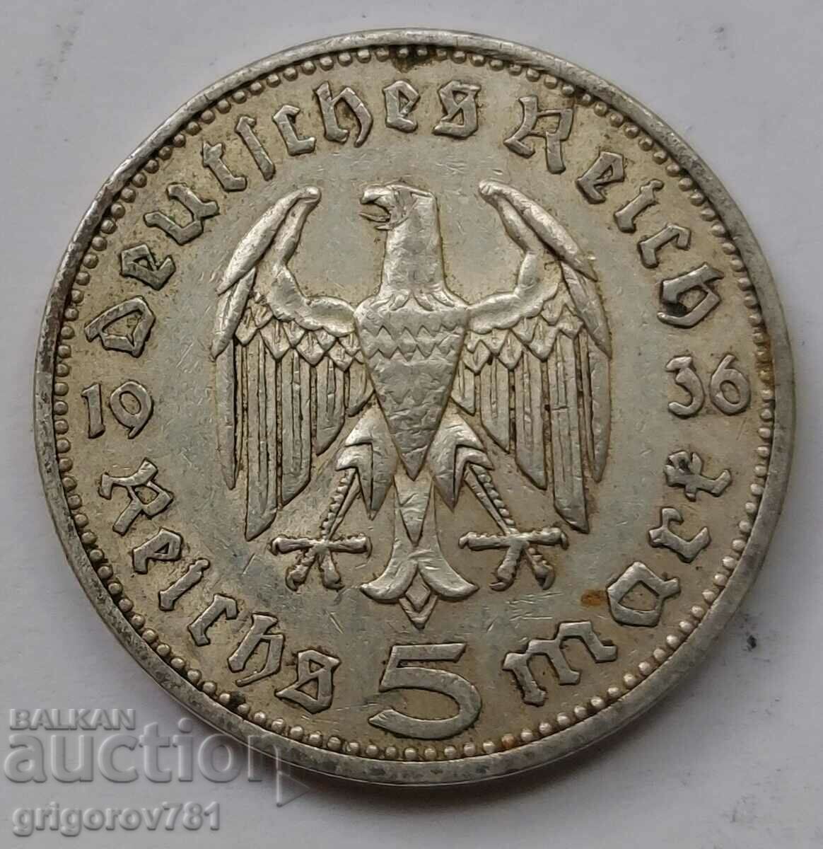 5 марки сребро Германия 1936 A III Райх  сребърна монета №40
