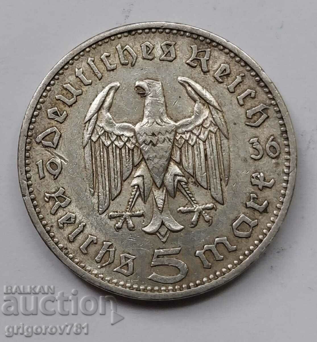 5 марки сребро Германия 1936 A III Райх  сребърна монета №43