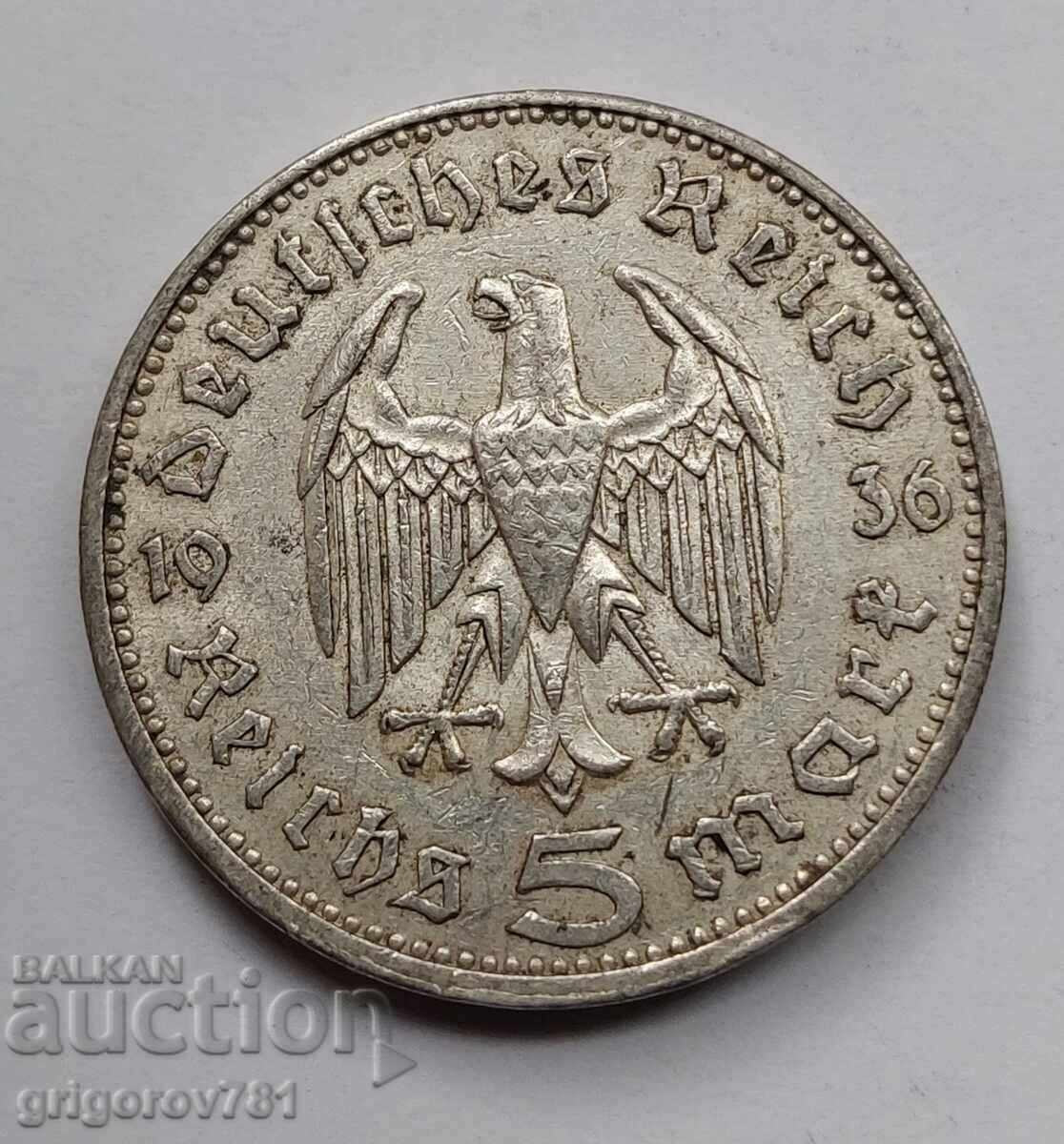5 марки сребро Германия 1936 A III Райх  сребърна монета №47