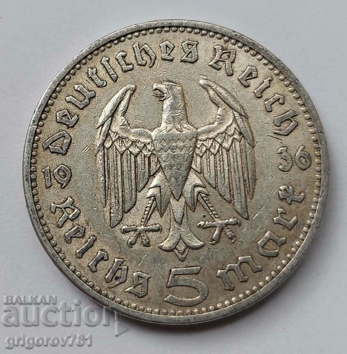 5 марки сребро Германия 1936 A III Райх  сребърна монета №52