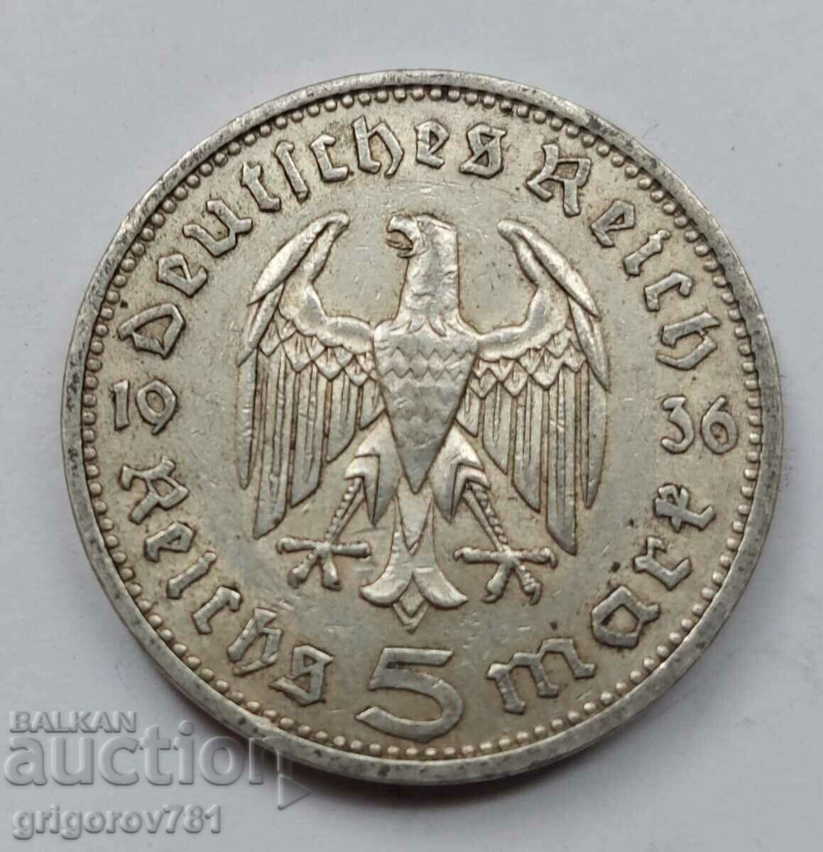 5 марки сребро Германия 1936 A III Райх  сребърна монета №54