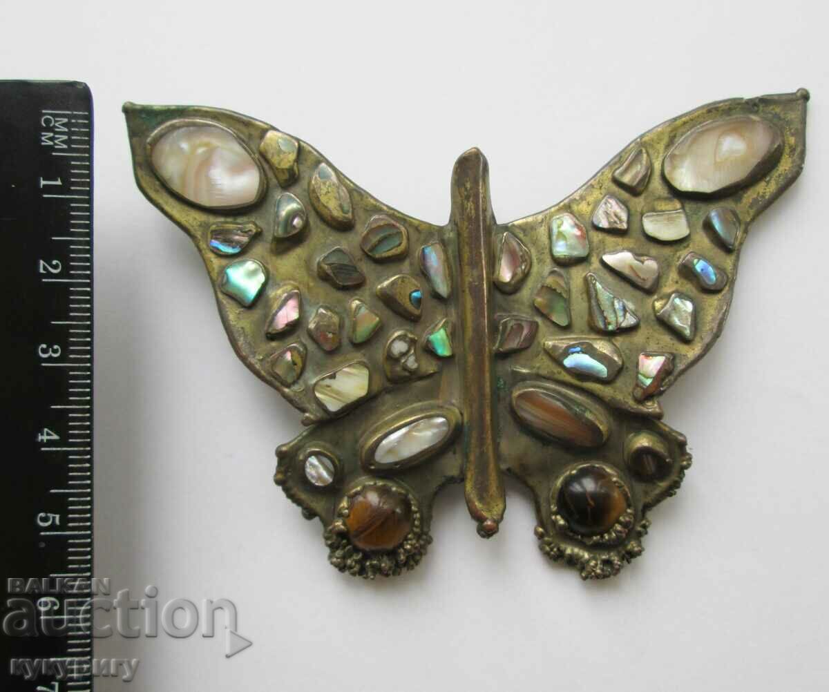 Old large brooch Butterfly stones and mother-of-pearl handmade with price 100.00 BGN | € 51.13