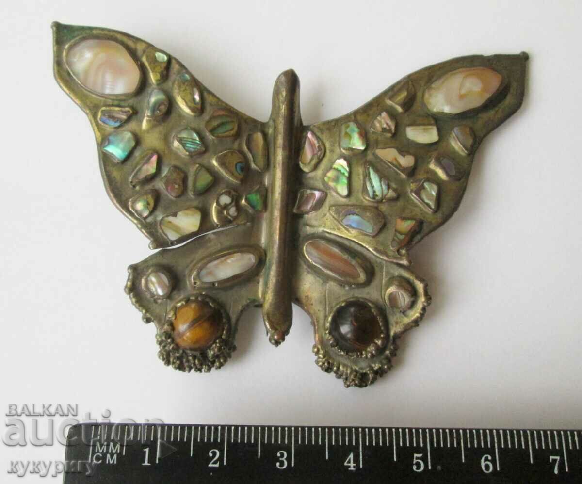 Delivery of Old large brooch Butterfly stones and mother-of-pearl handmade