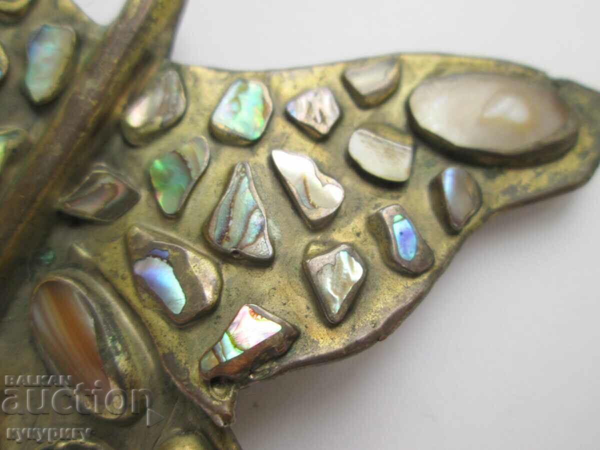 Old large brooch Butterfly stones and mother-of-pearl handmade - 6