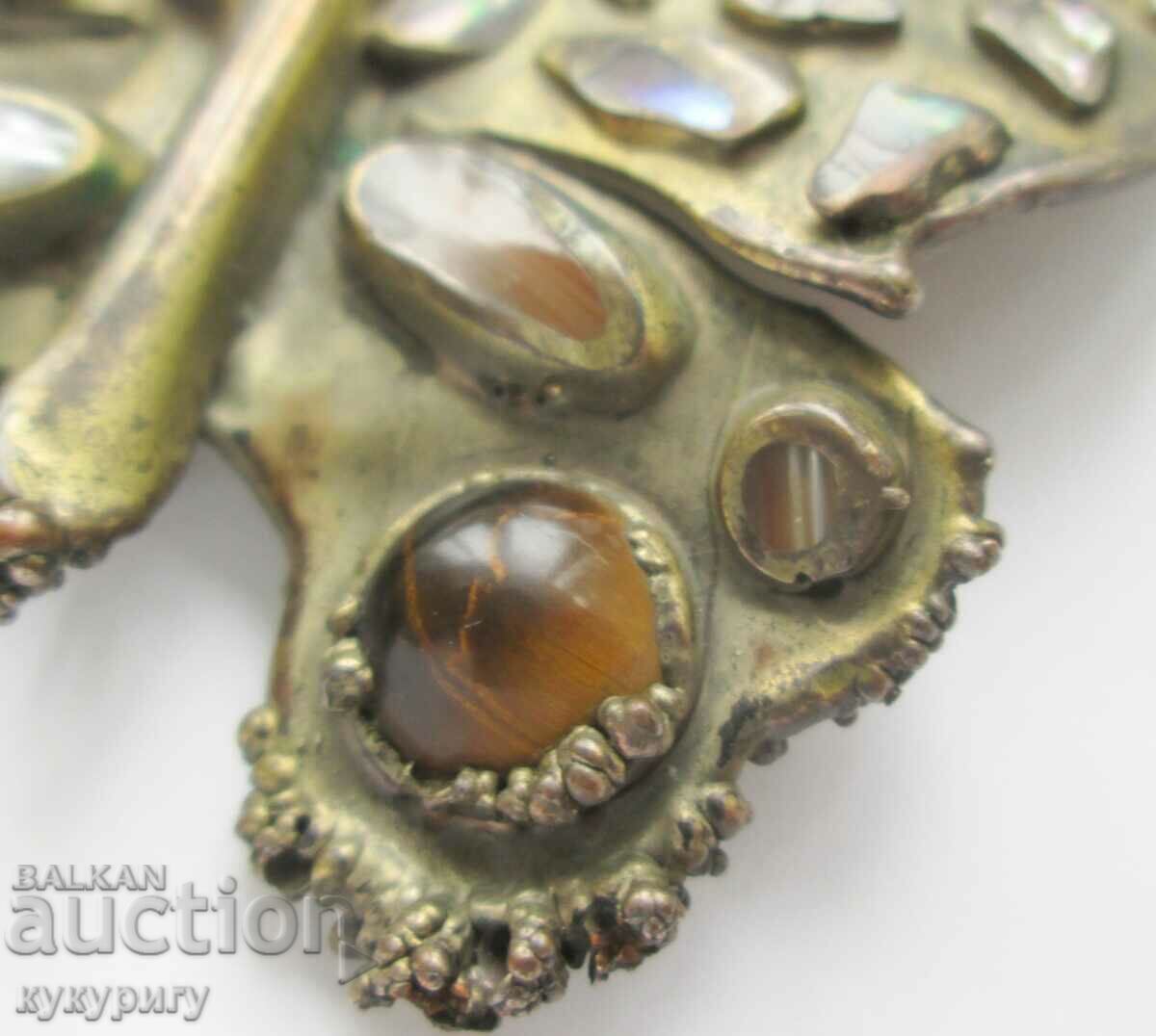 Old large brooch Butterfly stones and mother-of-pearl handmade - 7