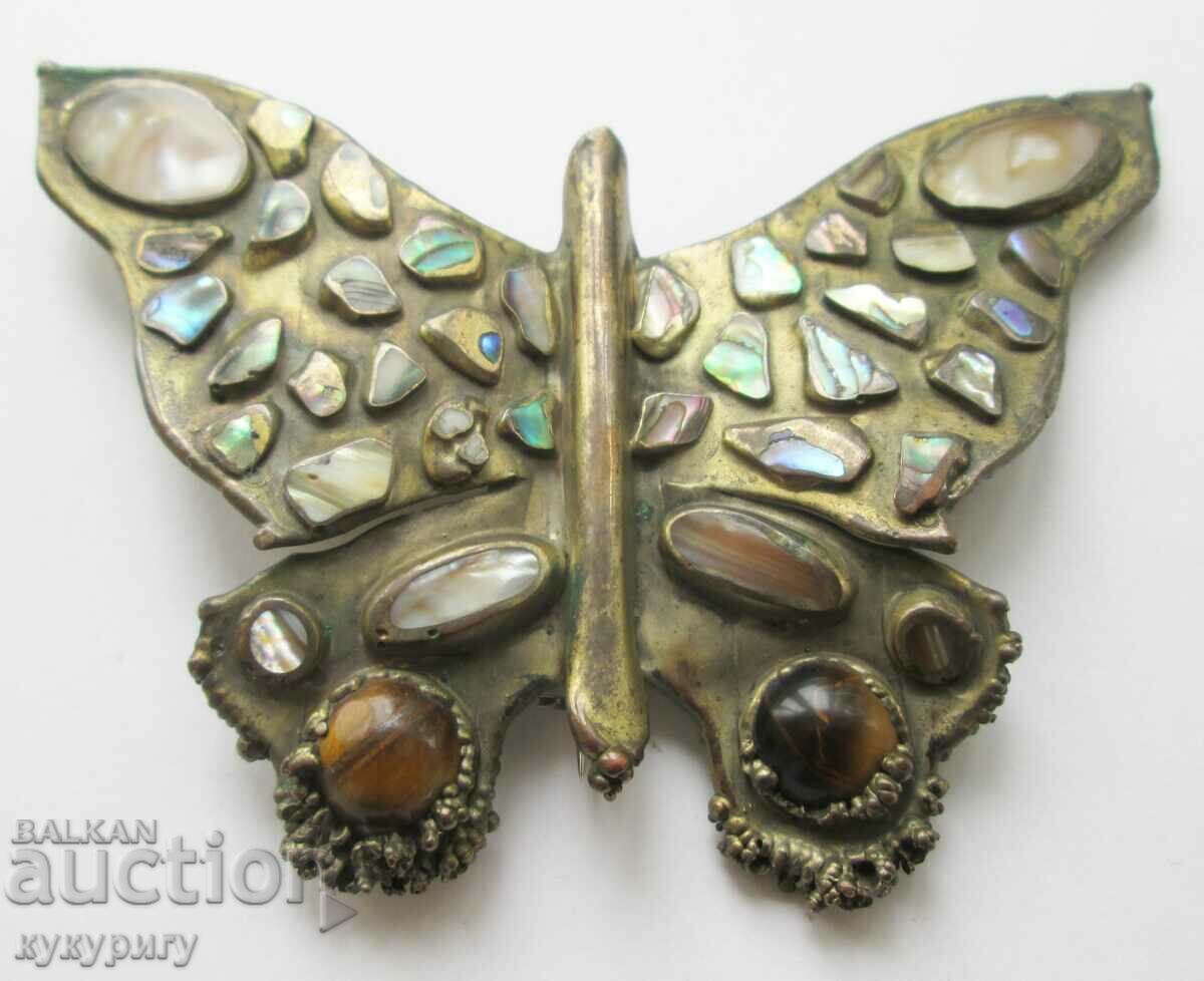 Стара голяма брошка Пеперуда камъни и седеф ръчна изработка