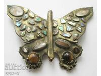 Стара голяма брошка Пеперуда камъни и седеф ръчна изработка