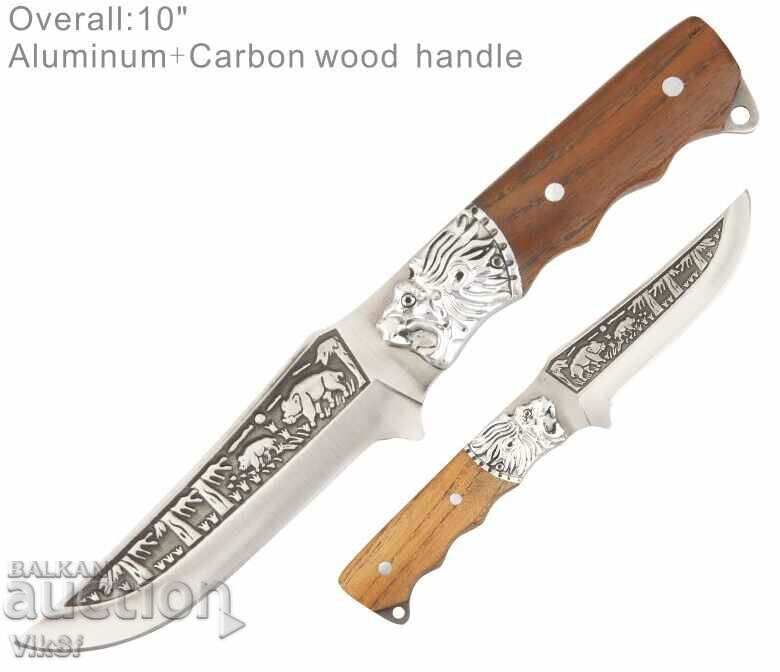 Richly double-sided engraved hunting knife with a lion 130x255