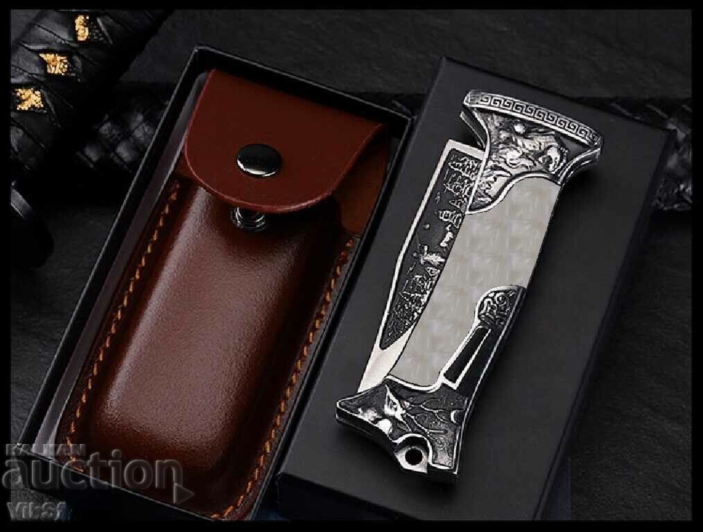 Russian hunting folding knife with leather sheath engraved deer and hunter with price 46.50 BGN | € 23.78