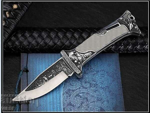 Delivery of Russian hunting folding knife with leather sheath engraved deer and hunter