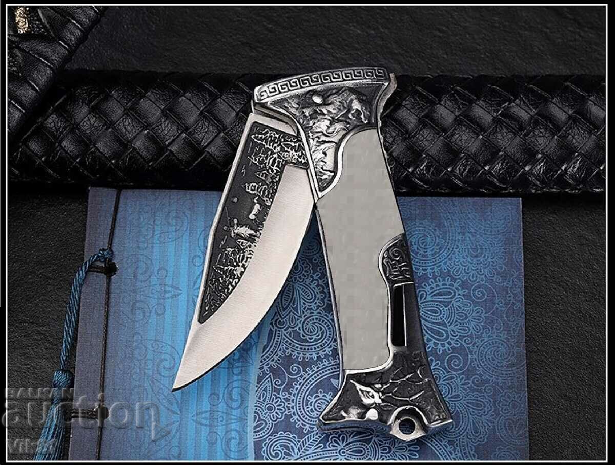 Russian hunting folding knife with leather sheath engraved deer and hunter - 5