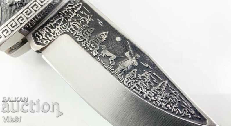 Russian hunting folding knife with leather sheath engraved deer and hunter - 6