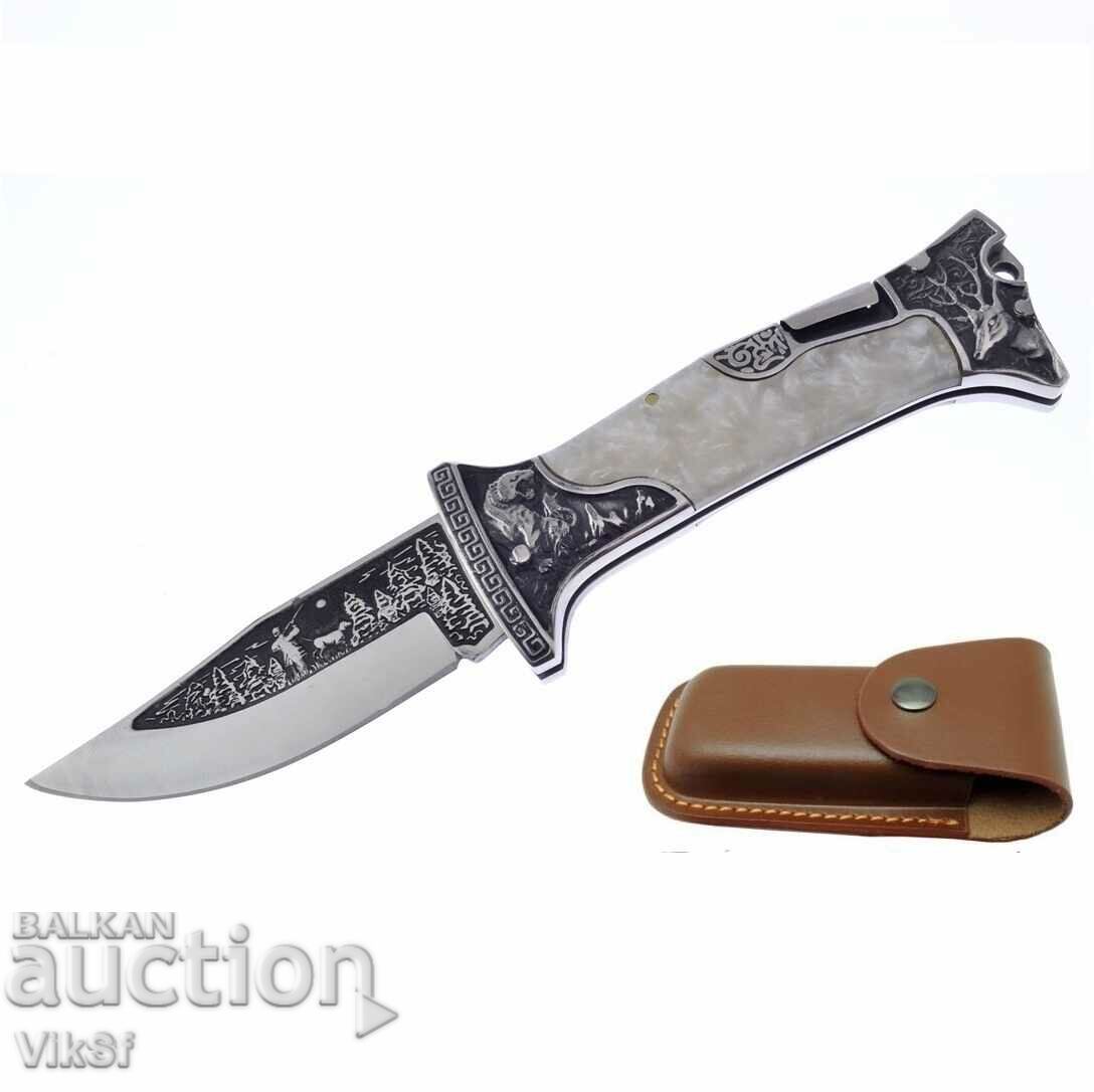 Russian hunting folding knife with leather sheath engraved deer and hunter